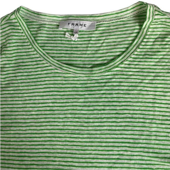 FRAME Knotted Rolled Muscle Tee Linen Top Shirt | Womens L, Green White Stripe - Picture 4 of 7